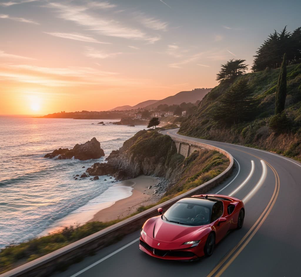 Red sports car on coastal road